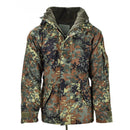 Mil-Tec German army waterproof parka in Flecktarn camo with detachable liner and multiple pockets for outdoor use.