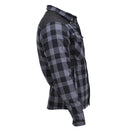 Side view of MIL-TEC German Military Lumberjack jacket in black and gray plaid, warm and durable for outdoor use