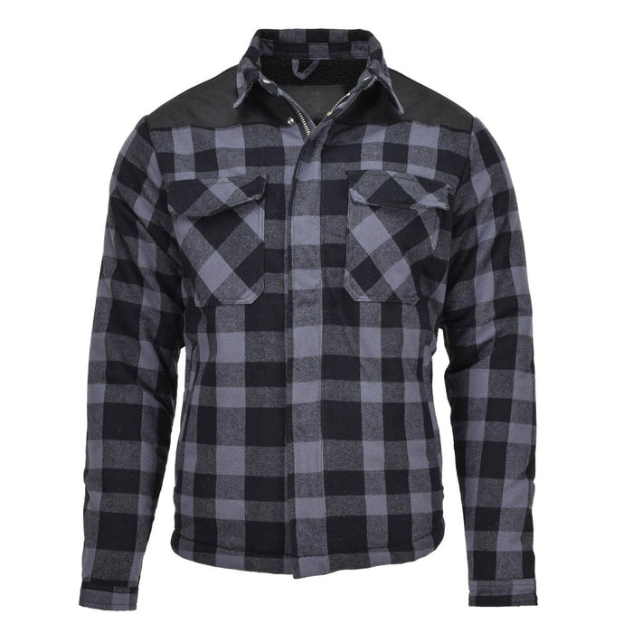 Chaqueta de leñador militar alemán MIL-TEC a cuadros en negro y gris con bolsillos y tela resistente para calidez y durabilidad.