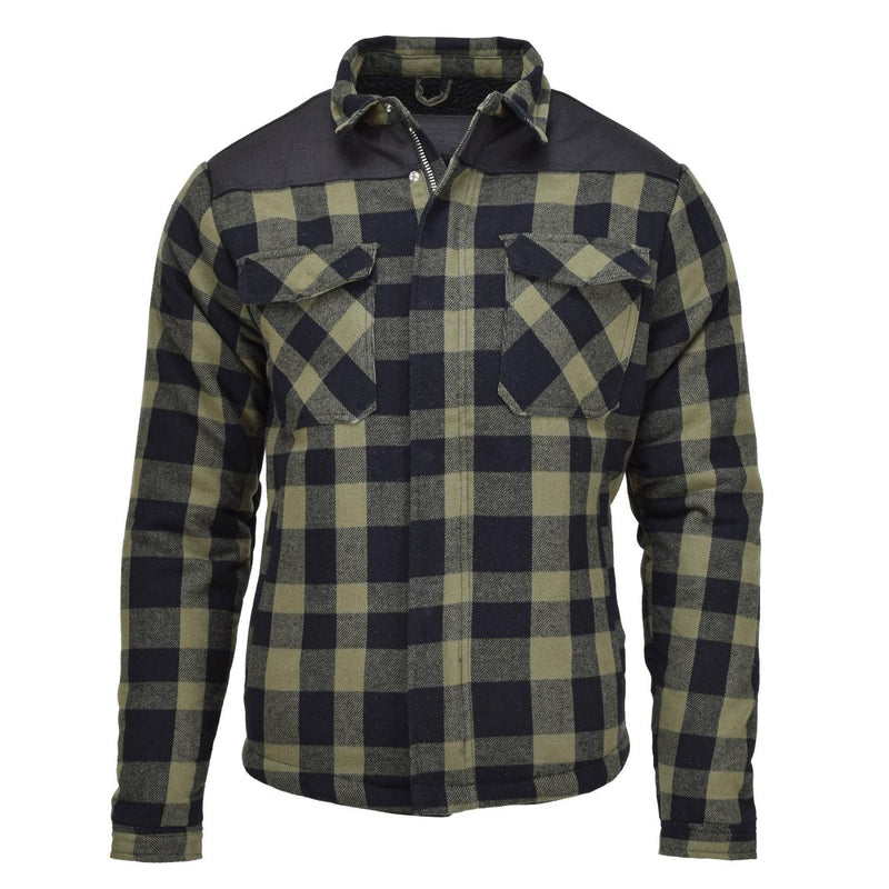 Black and olive plaid checkered lumberjack jacket with durable fabric and zippered front for warmth and outdoor use