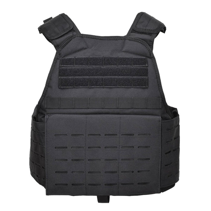 Chaleco portador de placa de combate táctico MIL-TEC cortado con láser negro con compatibilidad MOLLE y correas de hombro ajustables.