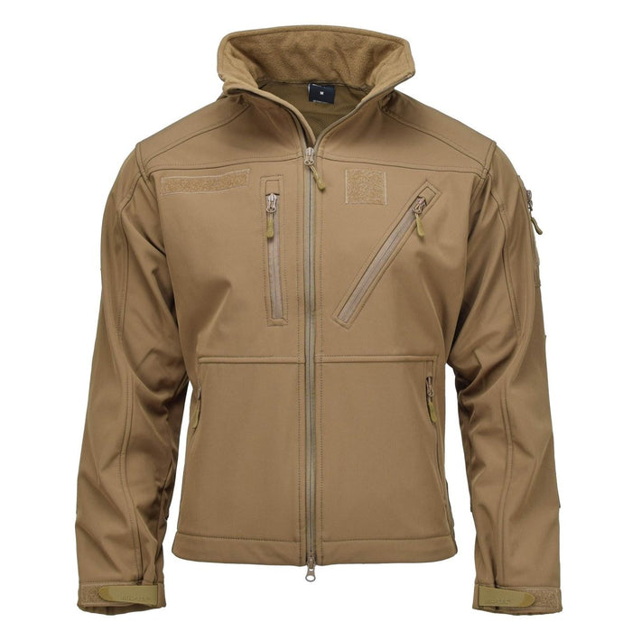 Chaqueta táctica soft shell SCU14 estilo militar MIL-TEC Dark coyote con capucha y bolsillos con cremallera.