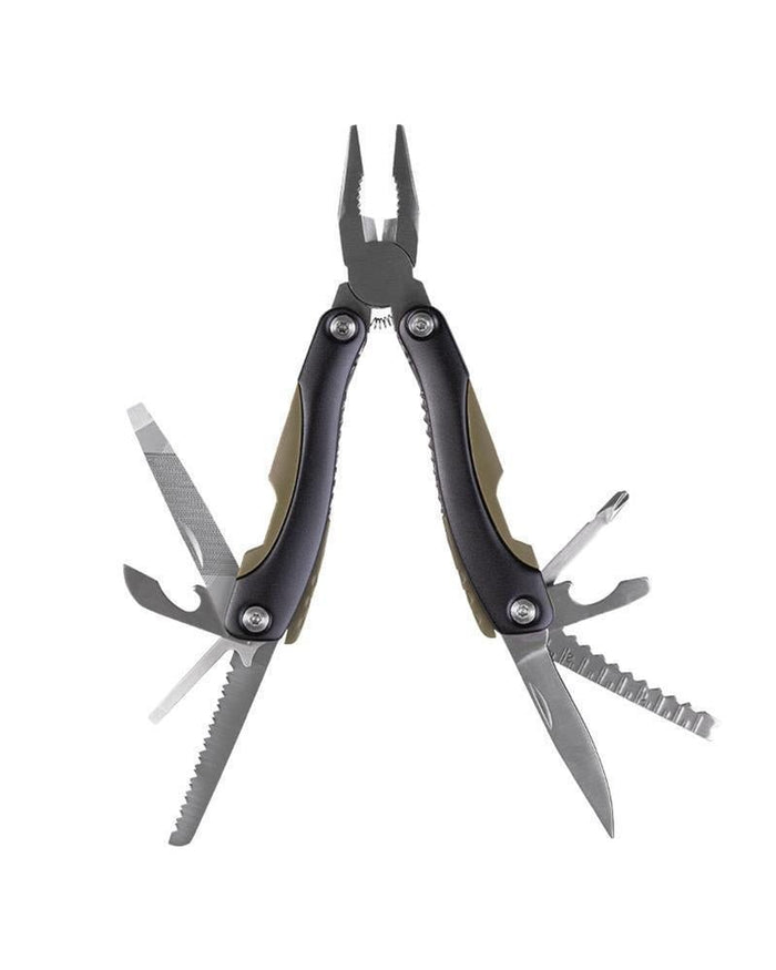 Multiherramienta MIL-TEC con junta deslizante, plegable con una mano, mangos de aluminio ABS y múltiples herramientas desplegables en color negro y oliva