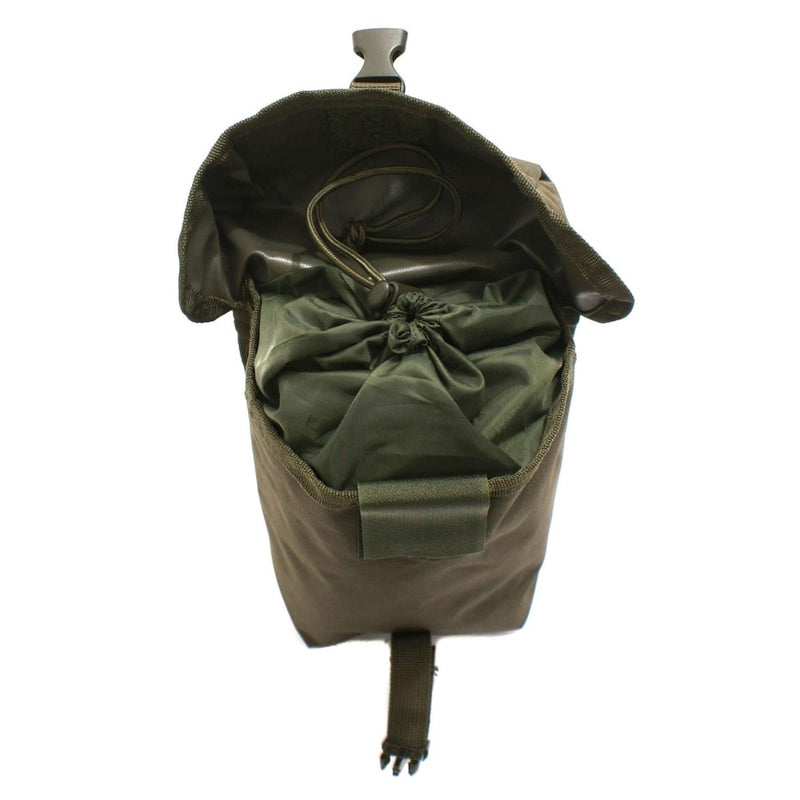 Open MIL-TEC multipurpose tactical pouch in olive with drawstring inner compartment and buckle closure for MOLLE gear attachment
