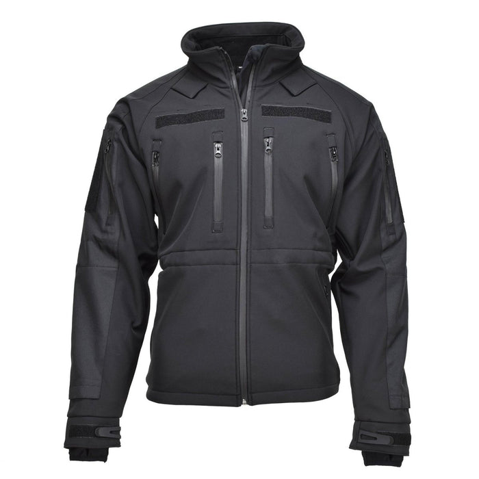 Chaqueta softshell MIL-TEC negra con bolsillos con cremallera, ropa deportiva cortavientos, resistente al agua y transpirable para uso en exteriores.