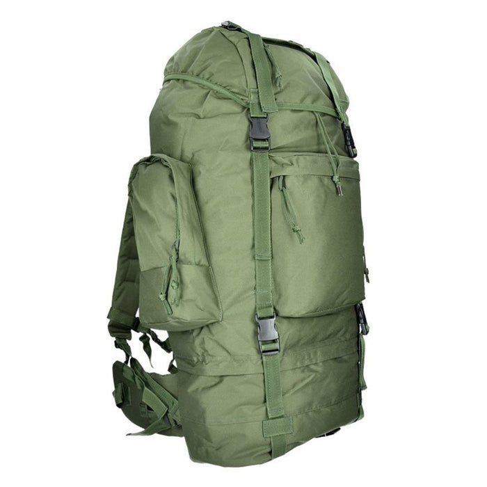 Mochila táctica de senderismo MIL-TEC RANGER 75L verde con múltiples compartimentos y correas ajustables para aventuras al aire libre