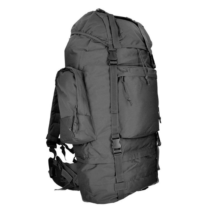 Mochila táctica MIL-TEC RANGER negra con múltiples compartimentos, correas acolchadas y correas MOLLE para senderismo y acampada.