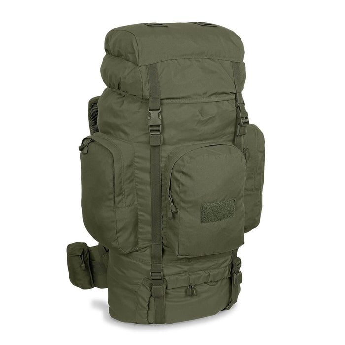 Mochila grande de senderismo MIL-TEC RECOM color verde oliva con múltiples compartimentos, correas acolchadas y diseño táctico duradero para trekking.
