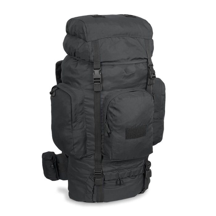 Mochila táctica MIL-TEC RECOM negra con múltiples compartimentos, correas acolchadas, ideal para senderismo, trekking y uso al aire libre.