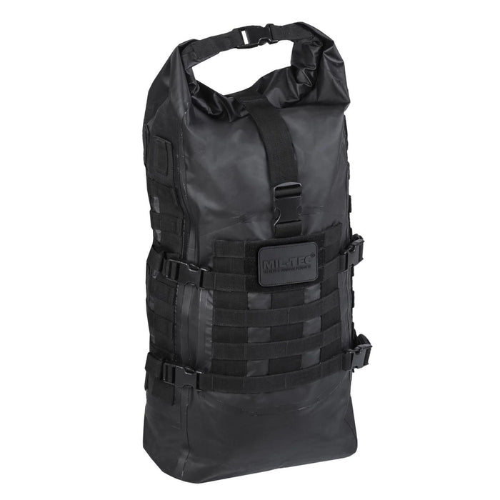 Mochila táctica enrollable MIL-TEC SEALS impermeable de color negro con capacidad de 35 L y correas MOLLE para uso en exteriores.