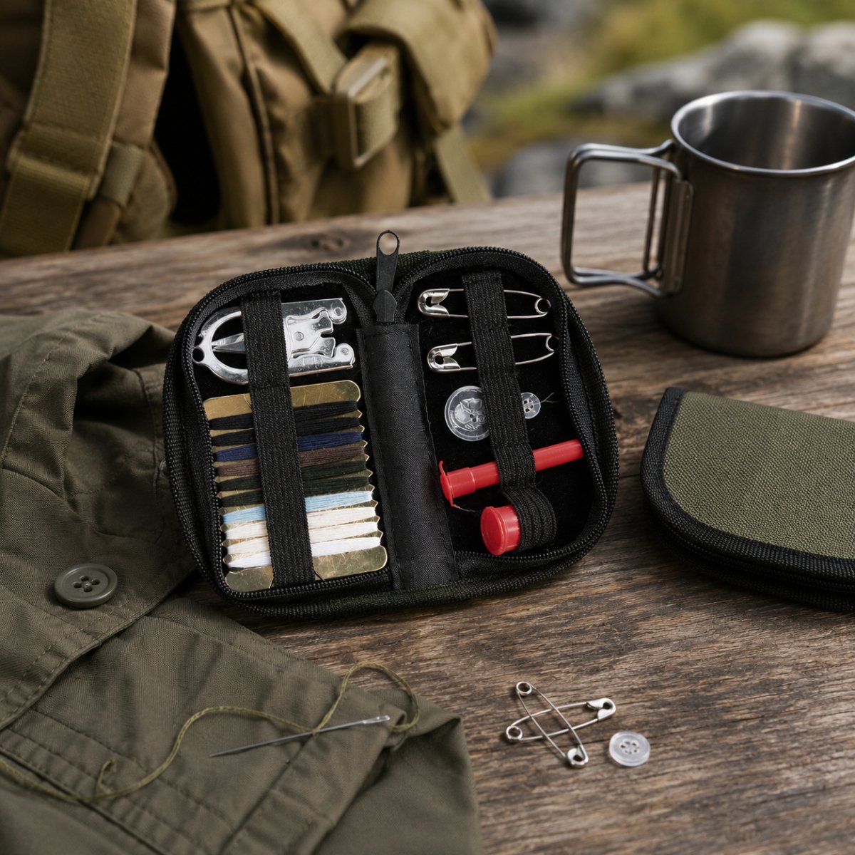 Mil-Tec Kit de costura Bolsa Viaje Camping Reparación Supervivencia Set Oliva Darb