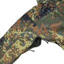 Close-up of MIL-TEC Softshell jacket sleeve in German Flecktarn camo with zippered underarm ventilation detail