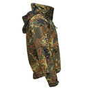 Side view of MIL-TEC Softshell jacket in German flecktarn camo with hood, zippered pockets, and adjustable cuffs