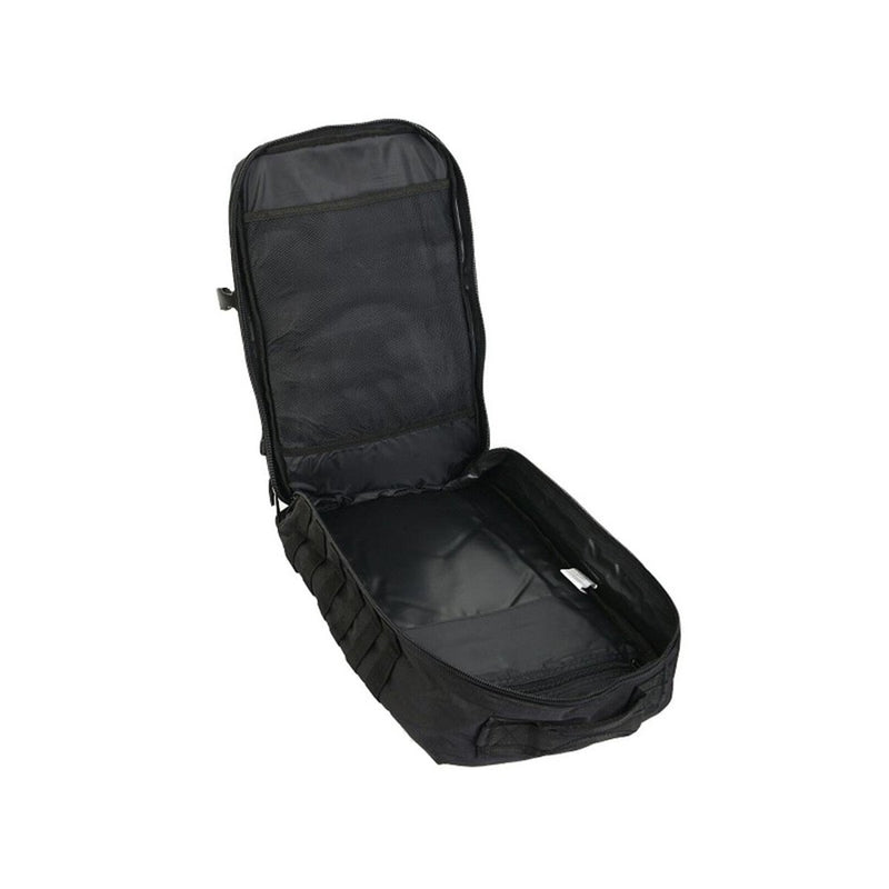 Open MIL-TEC U.S. Assault 36L black tactical backpack showing spacious main compartment and interior pockets.