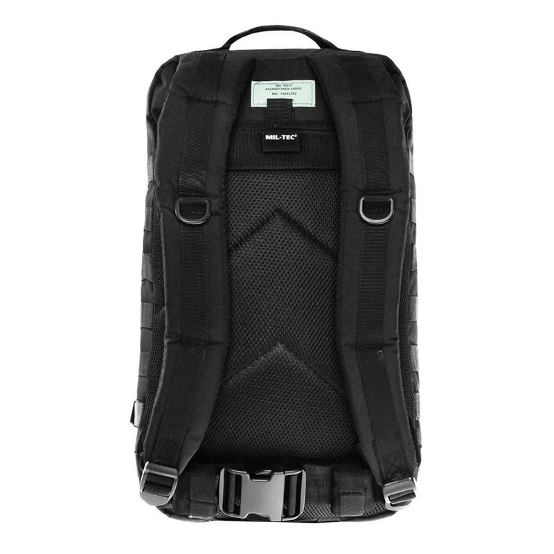 Back view of MIL-TEC U.S. Assault 36L black tactical hiking backpack with padded straps and waist belt