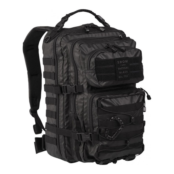 Black MIL-TEC U.S. Assault Ranger tactical backpack with multiple compartments and padded straps, 36-liter capacity, PVC coated.