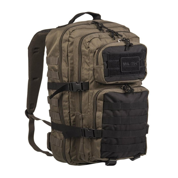Mochila MIL-TEC U.S. Assault Ranger 36L verde oliva y negra con correas acolchadas, diseño duradero resistente al agua para uso en exteriores