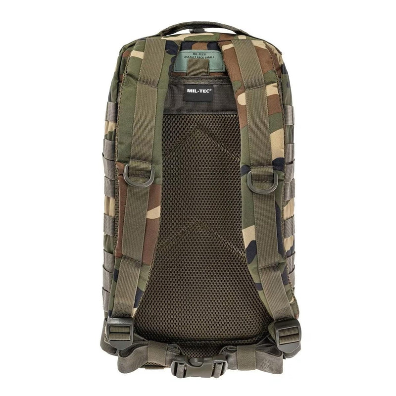 MIL-TEC U.S. Assault tactical backpack in woodland camo with padded straps, waist belt, and MOLLE system, 20 liters capacity.