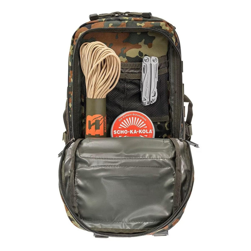 Open MIL-TEC U.S. Assault tactical backpack 20l in flecktarn pattern showing organized gear compartments