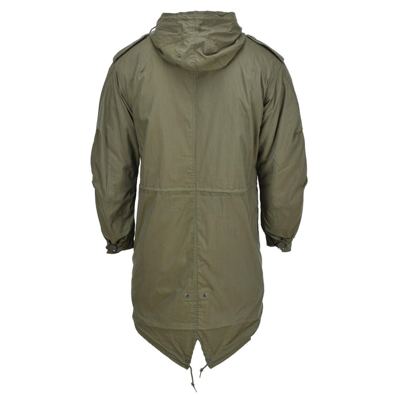 Back view of olive MIL-TEC U.S. military style M51 hooded parka with detachable quilted liner.