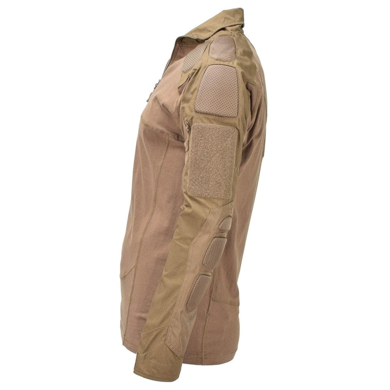 Dark coyote Mil-Tec military style tactical combat shirt with padded elbows and shoulders, high collar, breathable fabric.