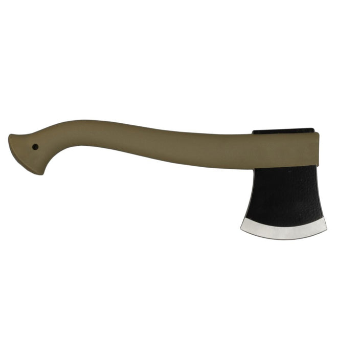 Hacha MORAKNIV ligera con mango ergonómico, hoja de acero al boro, revestimiento ED negro y funda con filo de cuero para uso en exteriores.