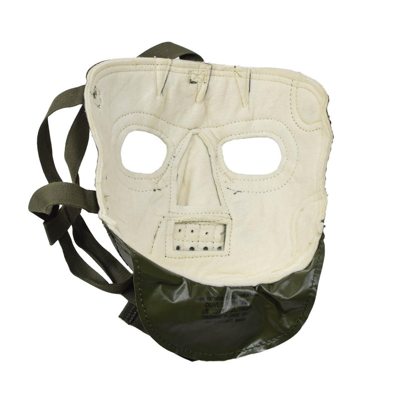 White and green US army cold weather face mask with eyeholes and adjustable straps for military use