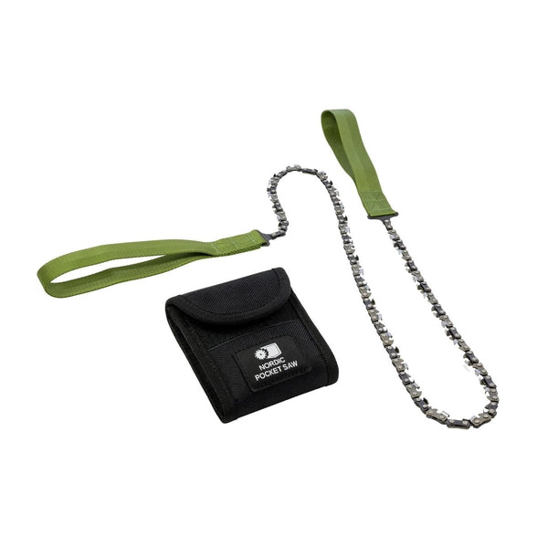 Nordic Pocket Saw long edition carbon steel chain saw with green straps and black carrying pouch for camping and hiking.