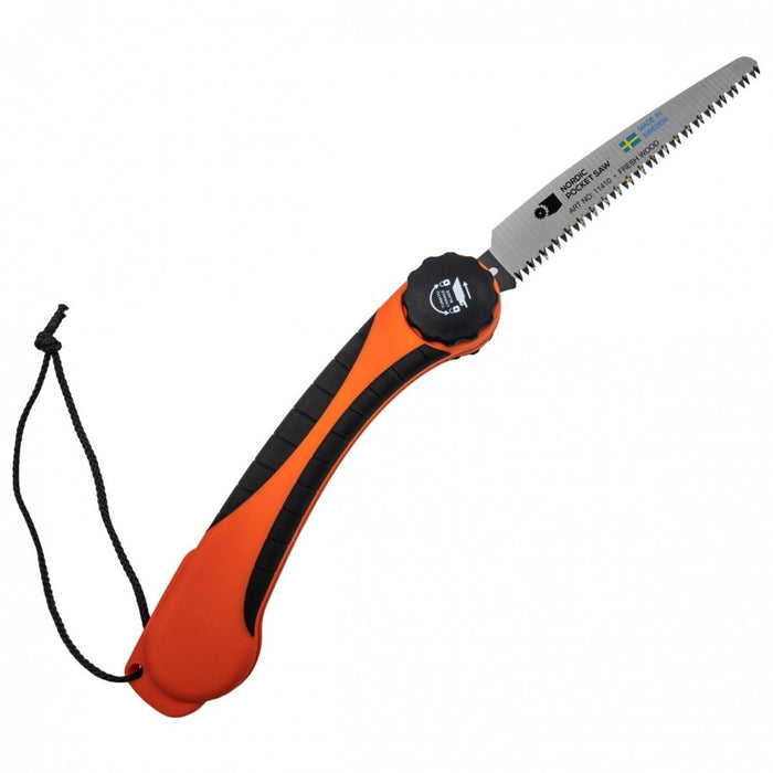 Compact Nordic Pocket Saw with orange handle and foldable steel blade for camping, hiking, and outdoor wood cutting tasks