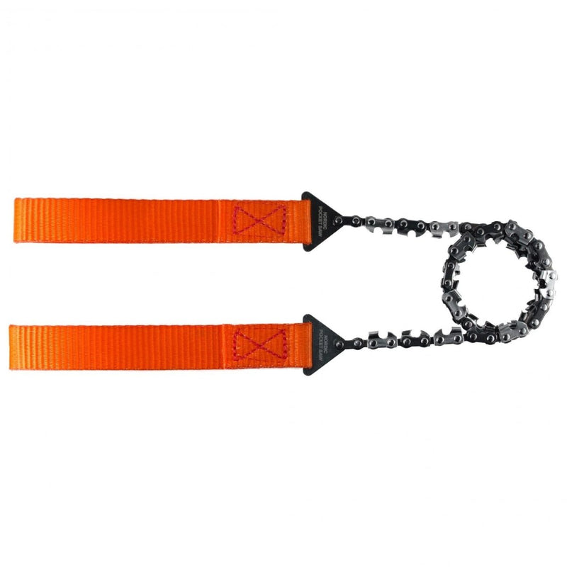 Portable Nordic pocket saw with heat-treated steel chain and bright orange heavy-duty nylon handles for outdoor use