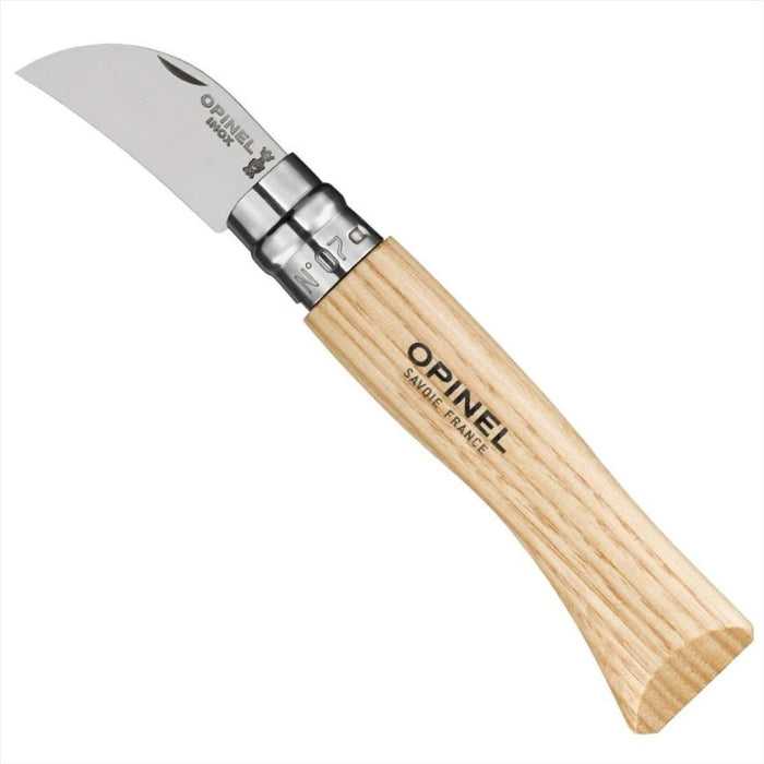 Navaja plegable Opinel N°07 con hoja curva de acero inoxidable 12C27 y mango liso de madera clara