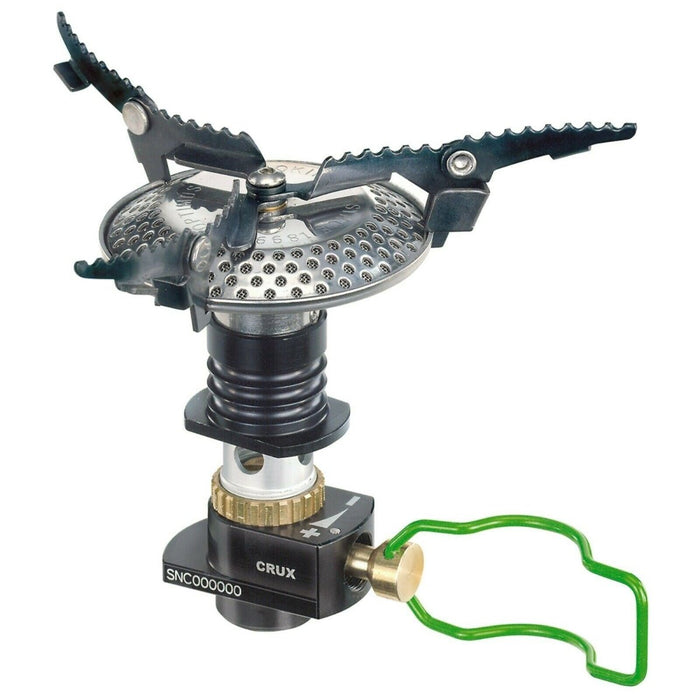 Estufa de camping Crux compacta, plegable y liviana con control de llama ajustable para cocinar eficientemente al aire libre.