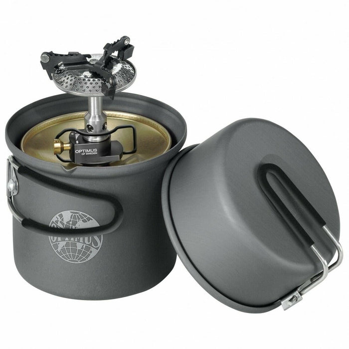 Estufa de camping compacta Optimus Crux Lite con quemador de gas y olla, diseñada para caminatas ligeras y cocina al aire libre.