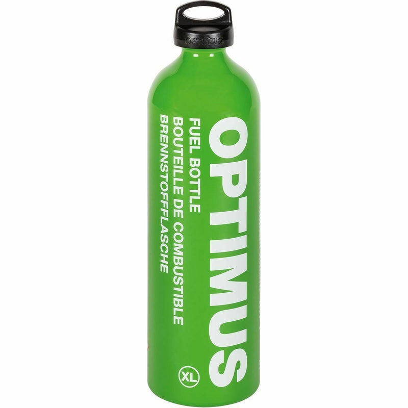 Bright green Optimus fuel bottle with child safety cap, leak-proof and durable for outdoor liquid fuel storage.