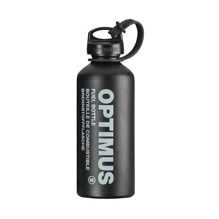 Botella de combustible líquido Optimus negra con tapa de seguridad, diseño liviano y duradero para uso en exteriores y almacenamiento seguro de combustible.