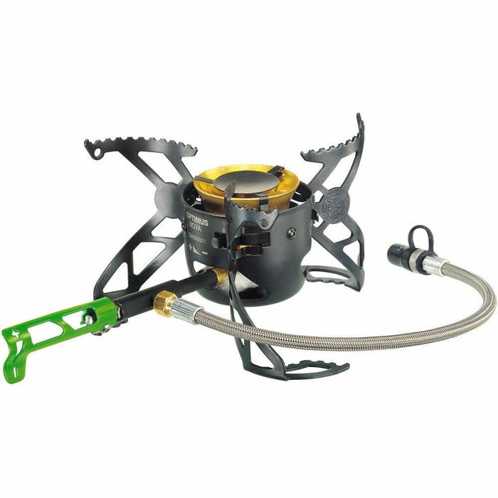 Estufa para exteriores Optimus Nova, compacta y liviana, multicombustible, con control de llama ajustable y soporte para ollas para acampar.