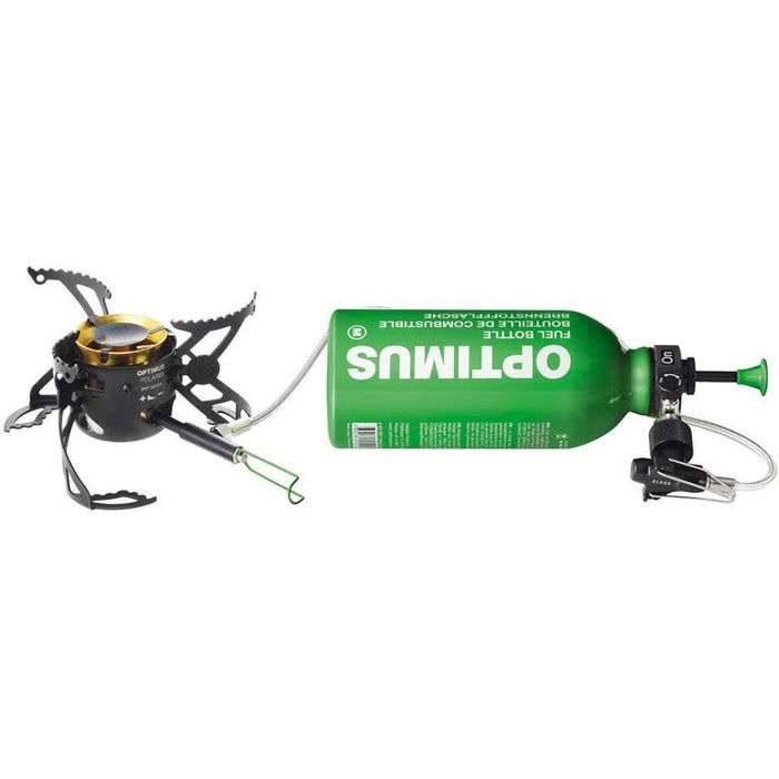 Estufa de camping plegable Optimus Polaris con botella de combustible verde de 0,4 L para senderismo y cocina al aire libre.
