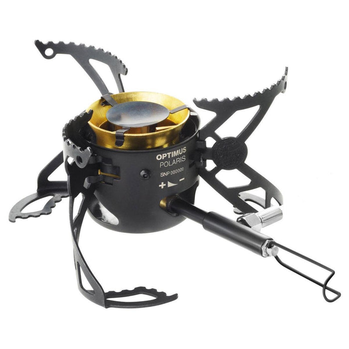Estufa de camping Optimus Polaris negra con patas plegables, boquilla única y control de combustible ajustable para cocinar al aire libre.