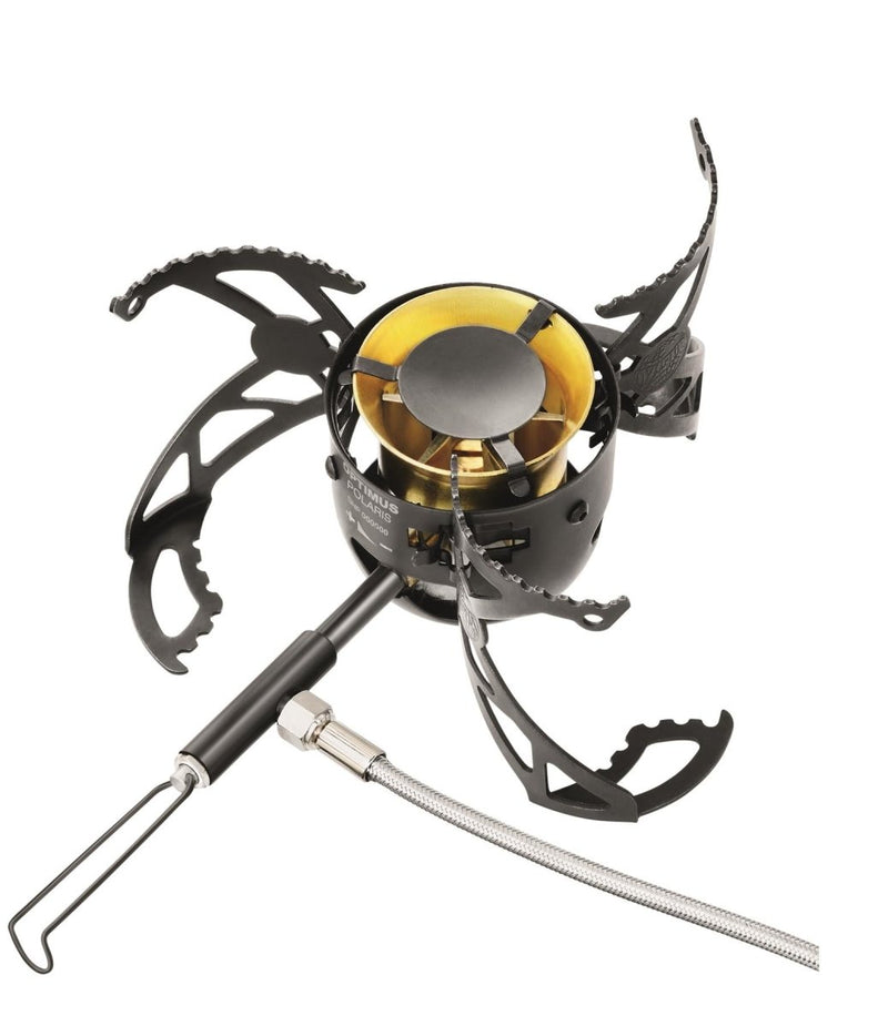 Black foldable Optimus Polaris camping stove with fuel hose and pot supports extended on white background