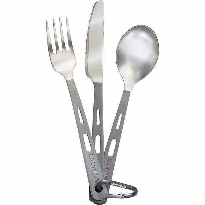 Juego de tenedor, cuchillo y cuchara livianos de titanio con mangos mate y mosquetón para uso en campamentos y mochileros.