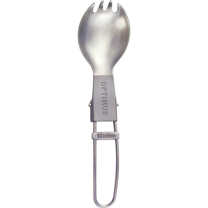 Cuchara de titanio plegada que combina tenedor y cuchara, liviana y duradera para uso en caminatas y campamentos.
