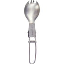 Folded titanium spork combining fork and spoon, lightweight and durable for hiking and camping use.