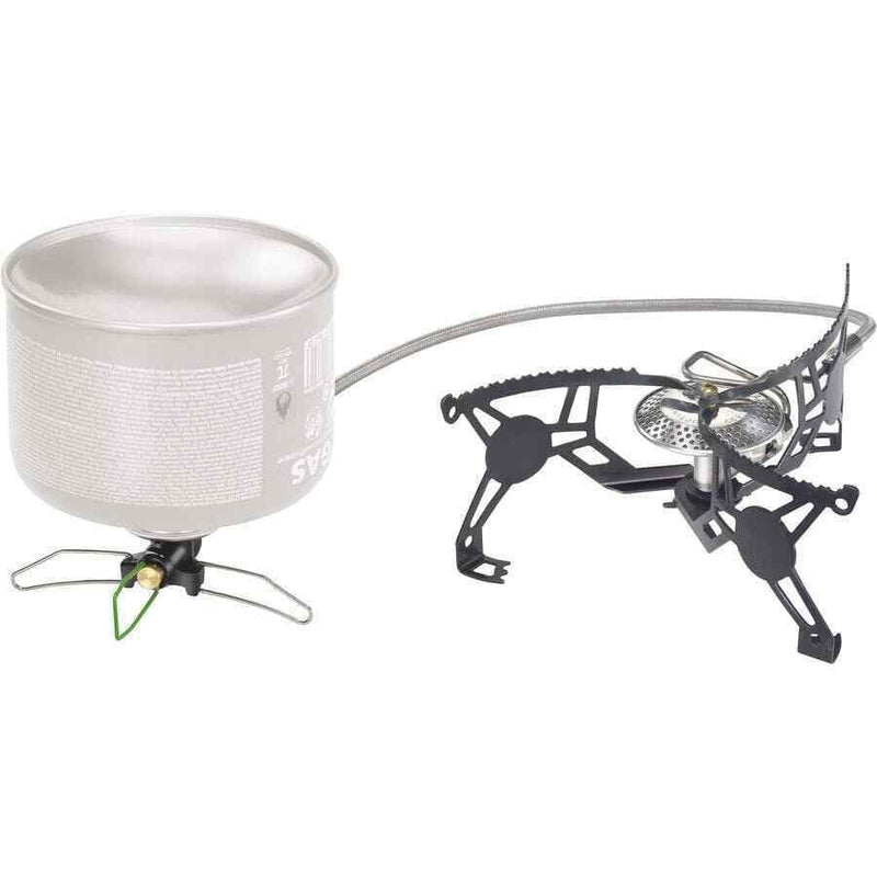 Lightweight portable Optimus Vega folding camping stove with LPG canister and stable burner for outdoor cooking.
