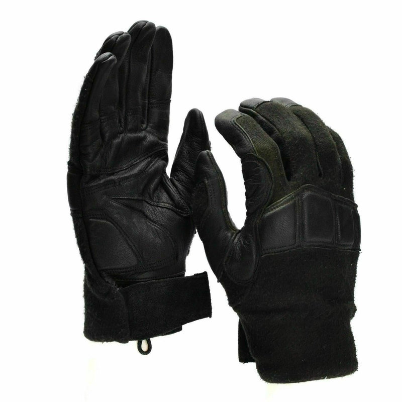 Black Austrian Army tactical gloves with reinforced leather palms and knuckles for combat and heavy-duty protection.