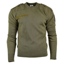 Green military-style sweater with shoulder pads on a white background