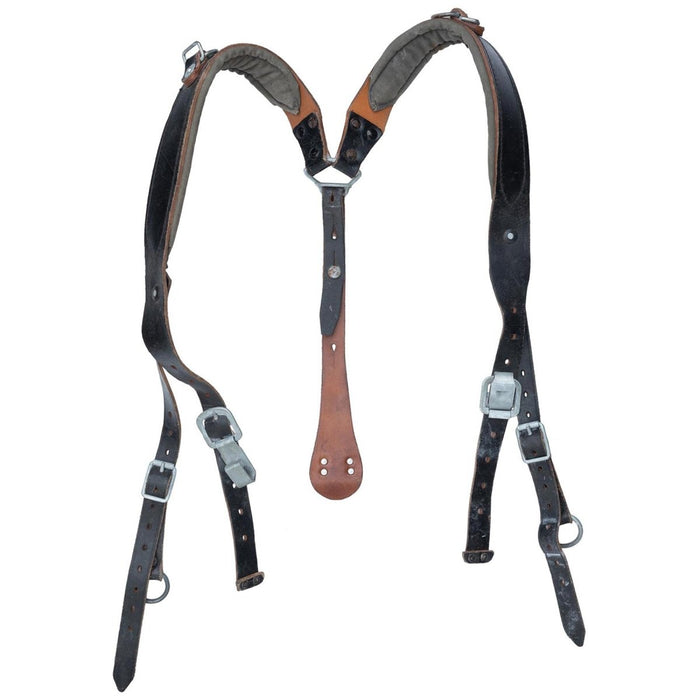 Tirantes originales del ejército austríaco vintage Y-Strap hechos de cuero negro duradero con clips de metal y correas ajustables.