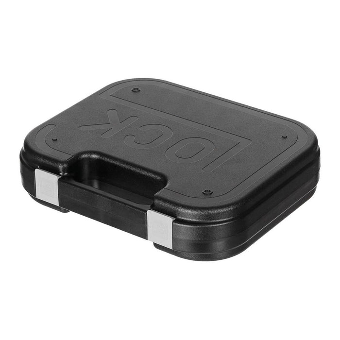 Componente de plástico negro con la marca "Glock" sobre un fondo blanco.