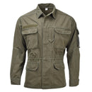 Original Austrian military jacket in olive green with multiple pockets and adjustable waist and cuffs for outdoor use.