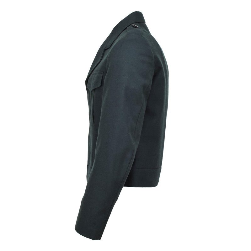 Side view of original Belgian army green wool blouson jacket with buttoned pockets and high waistline design