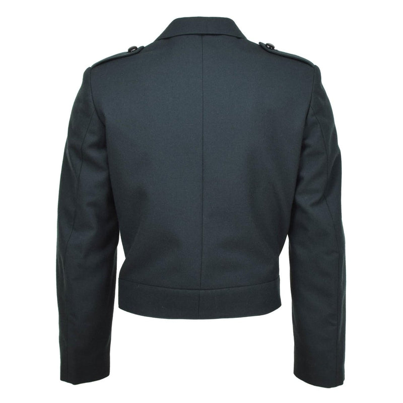 Back view of Original Belgian army wool blouse jacket in dark green, featuring epaulettes and high waist design.